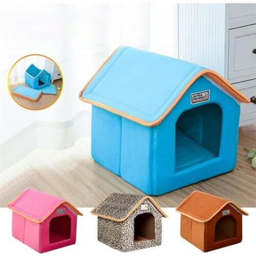 Winter Pet House Foldable Bed With Mat Soft Leopard Dog Puppy Sofa Cushion House Kennel Nest Dog Cat Bed For Small Medium Dogs