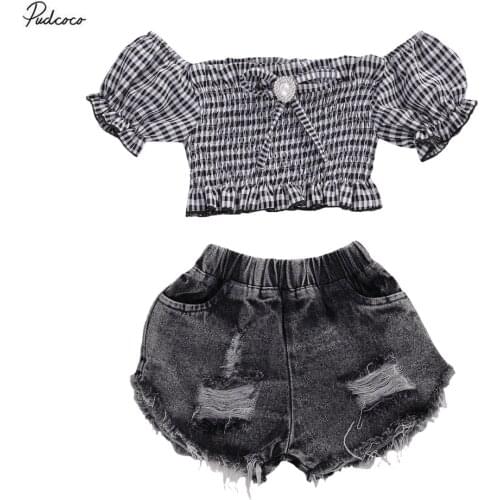 2020 Baby Summer Clothing Kids Girls Top Denim Shorts Off-Shoulder Crops Tops Ruffle Sleeve Bow Blouse Ripped Pants with Pockets