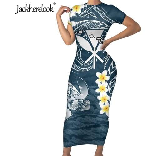 Jackherelook Kanaka Maoli Hibiscus Polynesian Samoa Print Sexy Midi Pencil Dresses for Women Summer O Neck Bodycon Dress Mujer