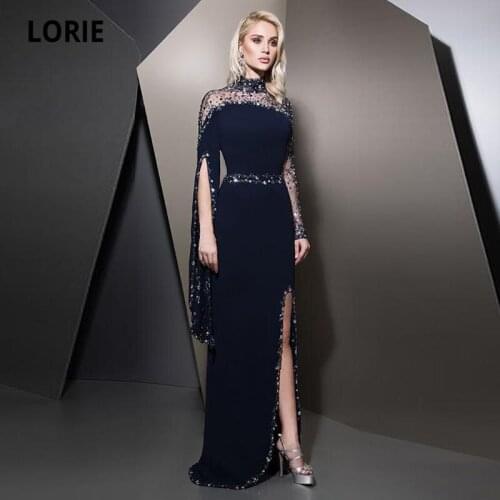 LORIE Arabic Evening Dresses High Neck Beaded with Rhinestones Cape Sleeves Side Split Formal Prom Party Gown Black Mother Dress