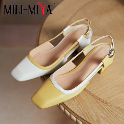 MILI-MIYA New Arrival Women Square Toe Cow Leather Pumps Sling Back Buckle Strap Thick Heels Casual Street Shoes Size 34-39