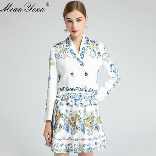 MoaaYina Fashion Set Spring Autumn Womens Long sleeve Double breasted Baroque Print Short jacket+Pleated skirt Two-piece set