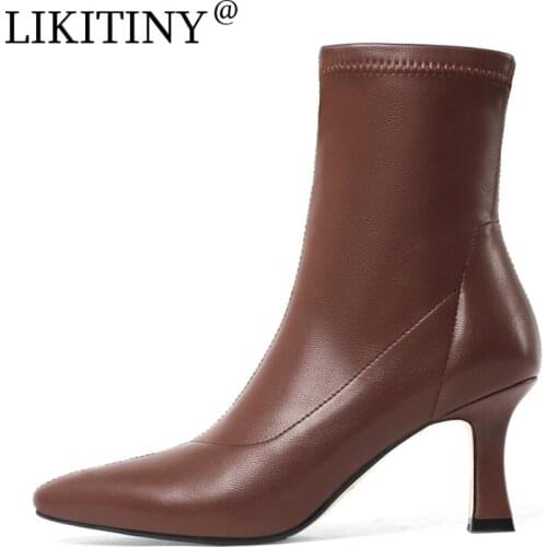 NEW LIKITINY 2021 Spring Autumn Womens shoes Pointed Toe Sexy White Brown Stilettos Heels Zipper Short Boots