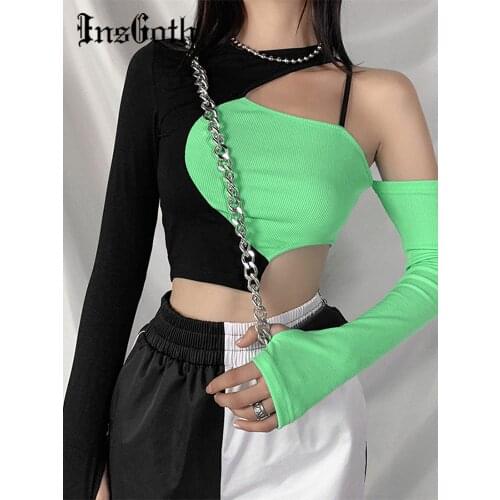 InsGoth Punk Sexy Black Green Patchwork Top Gothic Bodycon Hollow Out Long Sleeve Top Women Streetwear Chic Backless Cropped Top
