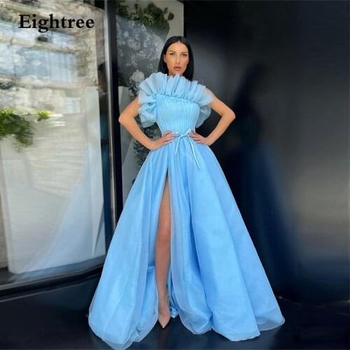 Eightree Sky Blue A Line Side Slit Weeding Party Dress Sashe Tulle Tiered Ball Gown Sweetheart Sleeveless Celebrity Dresses 2021