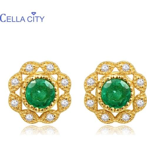 Cellacity Luxury Design Flower Shaped Silver 925 Jewelry Gemstones Earrings for Women Emerald Ear Studs Anniversary Wholesale