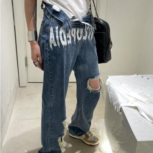 HOUZHOU Streetwear Grunge Women Baggy Jeans Gothic Oversized High Waist Hollow Out Blue Denim Pants Straight Trousers Female