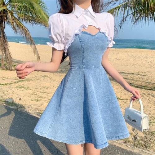 New 2021 Summer Fashion Two Piece Sets Sexy Straps Denim A-Line Mini Dress And White Ruffles Shirt Crop Top Suits