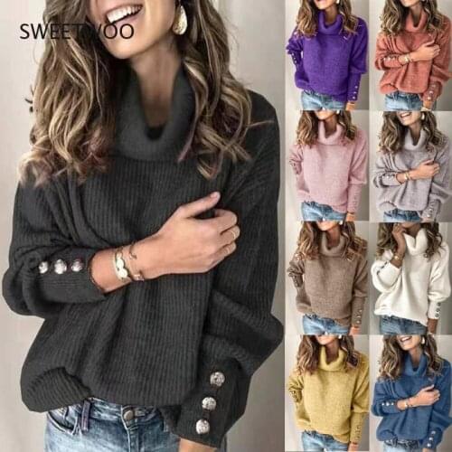 Knitted Sweater Women 2021 Autumn Winter Solid Scarf Collar Turtleneck Casual Long Sleeve Pullover Female Jumper Knitwear