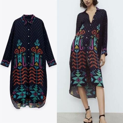 Za 2021 Print Midi Shirt Dress Women Vintage Long Sleeve Summer Dress Chic Asymmetric Hem Side Vents Button Female Dresses Mujer