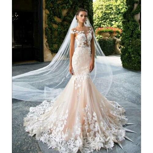 Champagne Mermaid Wedding Dresses 2020 Backless Robe De Mariee Vintage Lace Floral Applique Cap Sleeves Bridal Gowns Formal Long