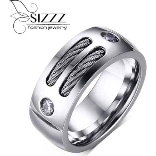2017 New Mens Ring Stainless Steel Punk Rock Ring With Wire Cubic Zirconia Party Jewelry USA Size