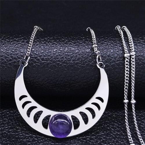 2021 Bohemian Moon Purple Natural Crystal Stainless Steel Necklaces Women Silver Color Necklaces Jewelry collier femme N4419S04