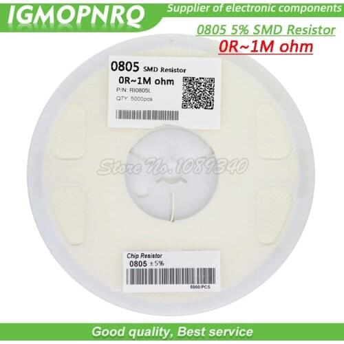 5000pcs 0805 5% 1/8W SMD chip resistor 0R ~ 10M 0 4.7R 5.6R 10R 100R 220R 330R 470R 1K 4.7K 10K 47K 100K 0 10 100 330 470 ohm