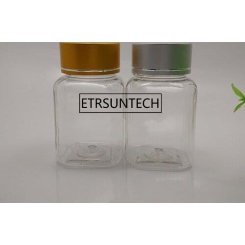 60ml 80ml Clear Capsule Bottle, Square Tablets Bottle with Gold/Silver Cap, Good Quality Refillable Containers F1260