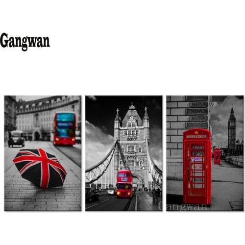 3 Pcs Diamond Embroidery Black And White Red London Bus England British building Mosaic 5D DIY Diamond Painting Cross Stitch art