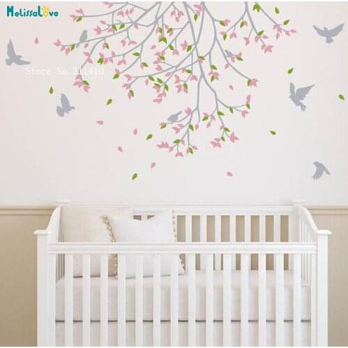 Blossom Tree Branch With Birds Wall Decal Tree Stickers Flower Wall Art Murals for Nursery Kids Baby Room Removable YT1827