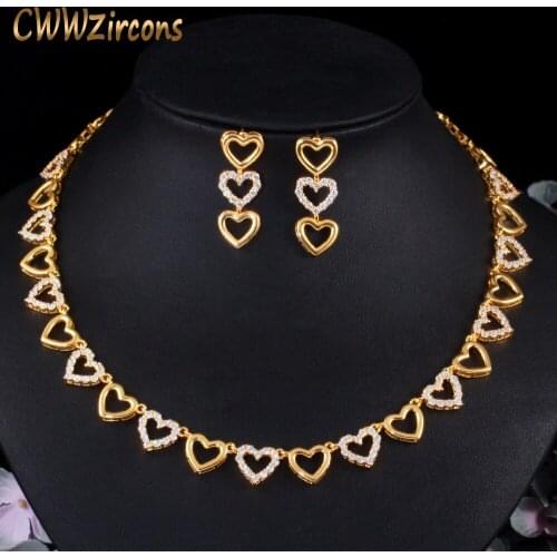CWWZircons Cute Romantic Love Heart Shape CZ Necklace Earrings Fashion Women Party Jewelry Sets African Dubai Gold Color T497