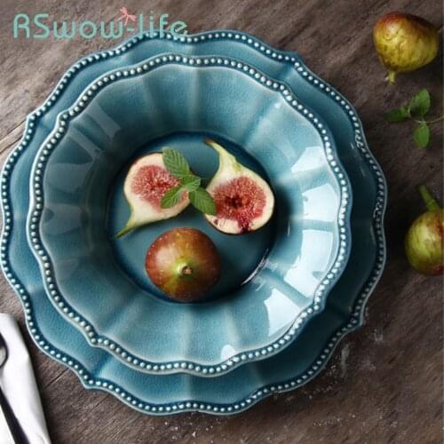 European-style Embossed Salad Bowl Large Dish Bowl Dish Ceramic Plate Dinner Plate Home Western Food Plate Ceramic Tableware