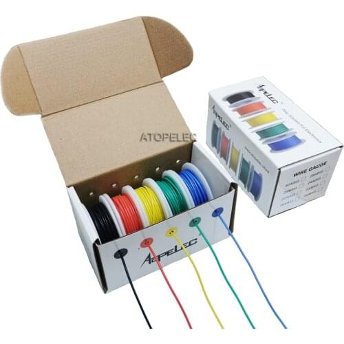 5 Rolls in Box Flexible Silicone Wire Tinned Copper Super Soft RC Cable UL 30/28/26/24/22/20 AWG Black/Red/Yellow/Green/Blue