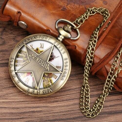 Creative Saint Seiya Pattern Quartz Pocket Watch Hollow Five Star Cover Steampunk Necklace Chain Roman Number Pendant Clock Gift