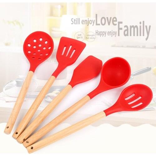 Silicone Head Utensils Wood Handle Soup Spoon Slotted Spoon Spatula Slotted Scoop Strainer Mesh Non-stick Kitchen Tools