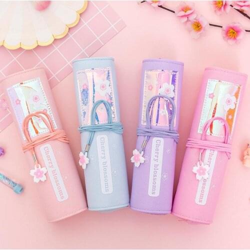 Cute school supplies japanese stationery pencil cases Cherry canvas roll folding pencil pouch for girls kawaii korean pouch