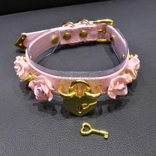 Handmade Harajuku Layered Rose Flower Choker CLear PVC Padlock Gold Spikes Studded Lock Key Collar Punk Fetish Necklace