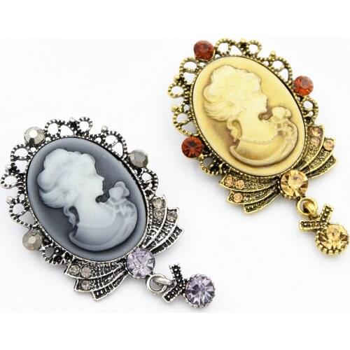Fashion Women Stylish Antique Silver Tone Lady Cameo Brooch Top Quality Retail Pins Brooch Crysttal Drop Dangle Broach Black Pin