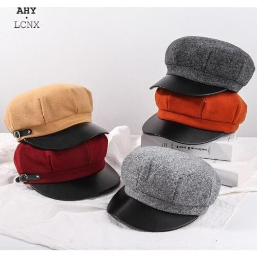 Fashion Women Octagonal Caps PU Leather Brim Wool Cotton Blend Berets Winter Autumn Warm Artist Painter Newsboy Hats Beret Hats