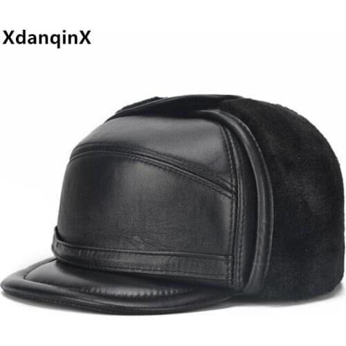 Winter Mens Warm Hat Natural Genuine Leather Cap Plus Velvet Fur Bomber Hats Thicken Thermal Earmuffs Cap Sheepskin Leather Hat