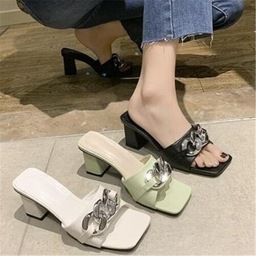 New Mule Metal Chain Slippers Female Fashion Square Toe High Heel Sandalias Beach Slides Womens Open-Toe Shoes Zapatos De Mujer