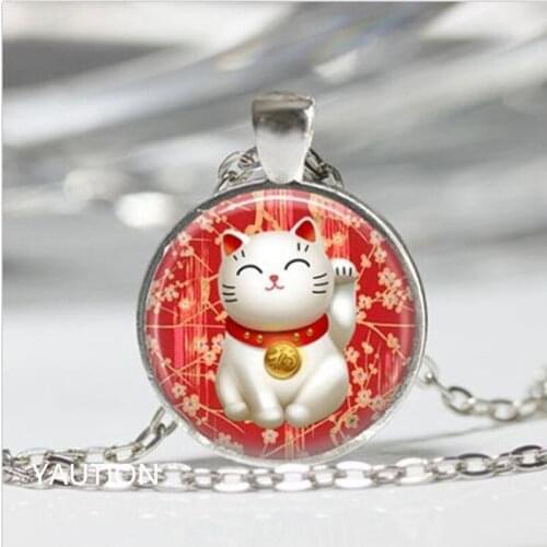1 pcs Red Maneki Neko Lucky Cat Glass Cabochon Tibet silver pendant chain necklace