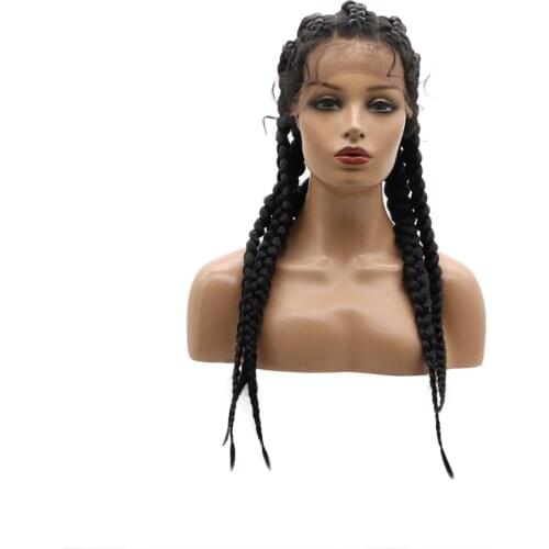 Black 5 Braids Synthetic Lace Front Fully Hand with Baby Hair Wig Heat Resistant Fiber 5 Braids Daily Wigs for Women 24 Inches