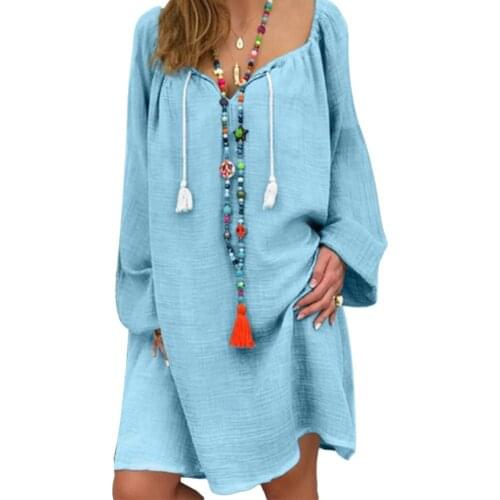 Casual Women Solid Color Linen Drawstring V Neck Long Sleeve Loose Midi Dress Hot apparel summer