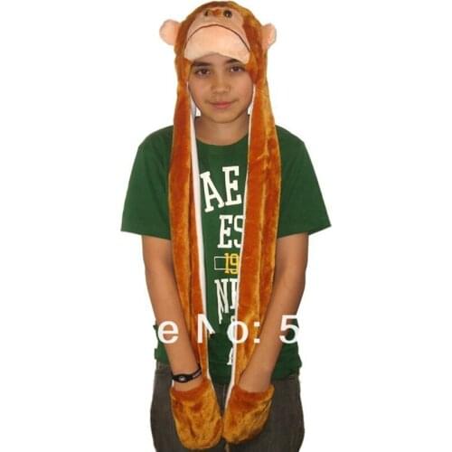 High Quality Hood Animal monkey plush Hat With Ear Flaps and Hand Pockets 3 in 1 Function Scarf Gloves Plush Monkey cap hat