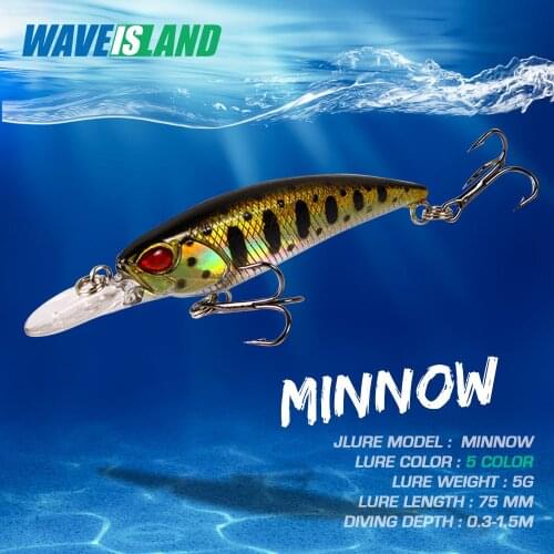 WAVEISLAND Minnow Fishing Lures 5g/7.5cm Topwater Lure Bass Fishing Bait mino Metallic Isca Artificial Articulos De Pesca
