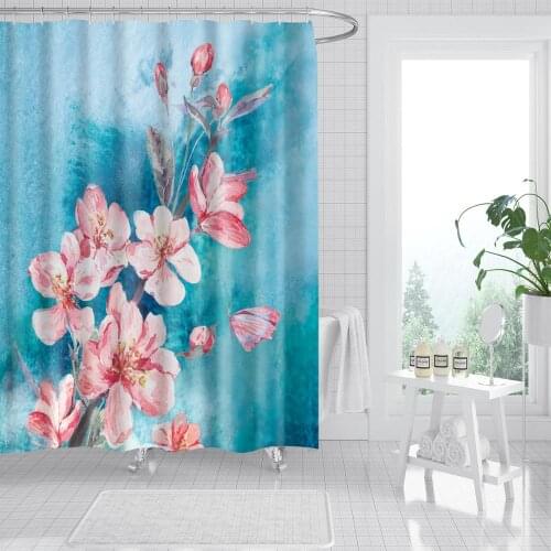 Flowers Plant Shower Curtain Plum Blue Fashion Bath Accessories with 12 Hooks Waterproof Polyester Fabric Bathroom Decoration