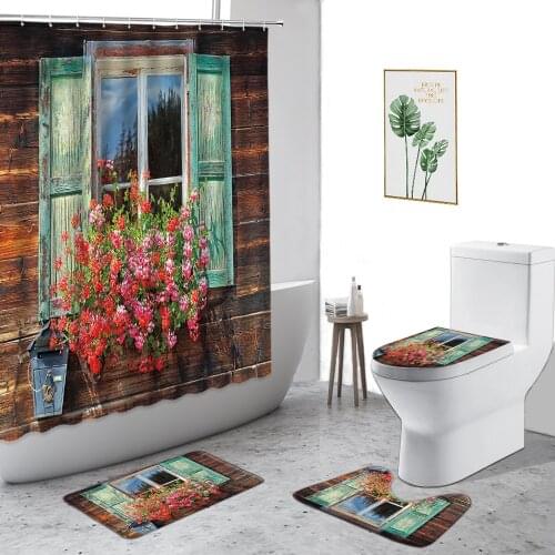 Retro Window Landscape Shower Curtains Plant Potted Flower Town Street View Bathroom Set Non-Slip Carpet Bath Curtain With Hook