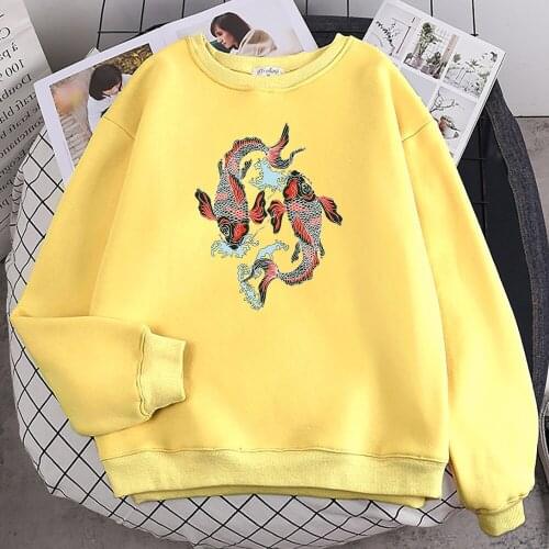 Japanese Style Two Totem Koi Print Hoodie For Women Street fur-liner Hoody Autumn S-XXL Sweatshirt Casual Quality Tracksuit Men