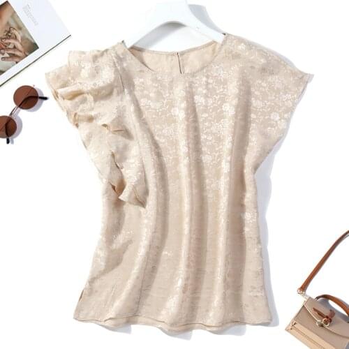 Womens 100% Mulberry jacquard Silk Crew Neck ruffles sleeve Top Shirt Blouse M L XL JN676