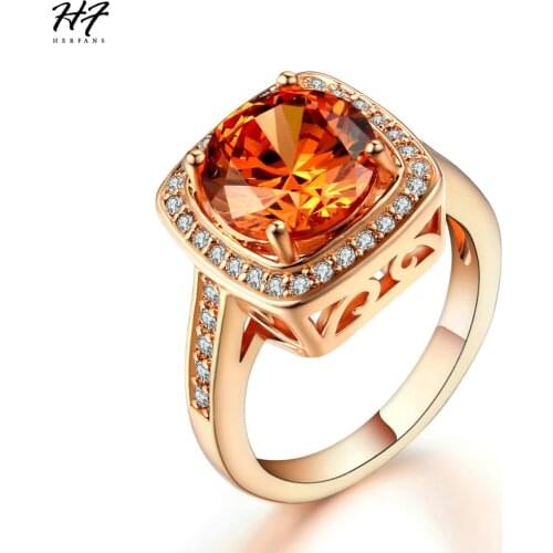 Trendy Champagne Crystal Rings for Women AAA+ Cubic Zirconia Rose Gold Color Fashion Jewelry Xmas Gift for Girls R057