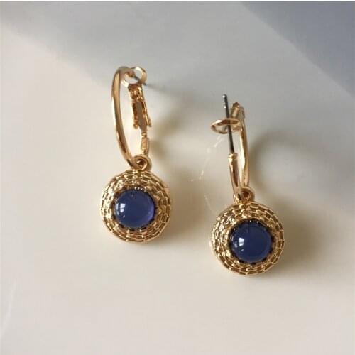 2020 New Arrival Casual Gold Color Green Blue Stone Inserted Center Disc Charm Hoop Earrings For Women Office Wearing