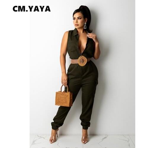 CM.YAYA Women Jumpsuit Solid Sleeveless Turn-down Collar Loose Stretchy Jumpsuits with Pockets Fashion Outfit Summer 2021
