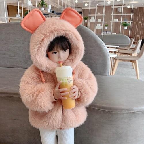 Winter clothes new girls thick furry hooded thick coat baby girl western style faux fur top