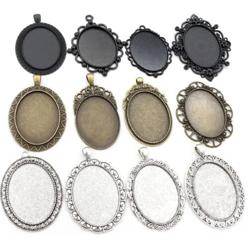 5pcs 30x40mm Inner Size Antique Silver Plated and Bronze and Black Cabochon Base Setting Charms Pendant