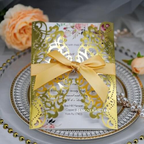 50 Piece/Lot) Elegant Gold Flower Custom Print Wedding Card Invitation Ribbon DIY Marriage Anniversary Party Event Supplies