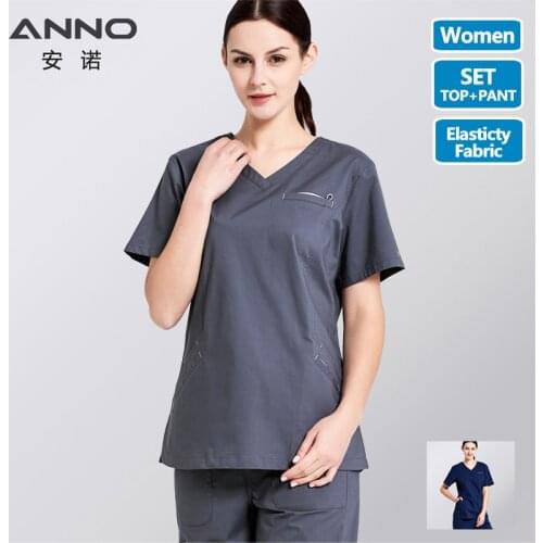 ANNO Cotton Scrubs Set Body Elasticity Nurse Uniform with Spandex Slim fit Fashion Nursing Dress Beauty Salon Work Wear