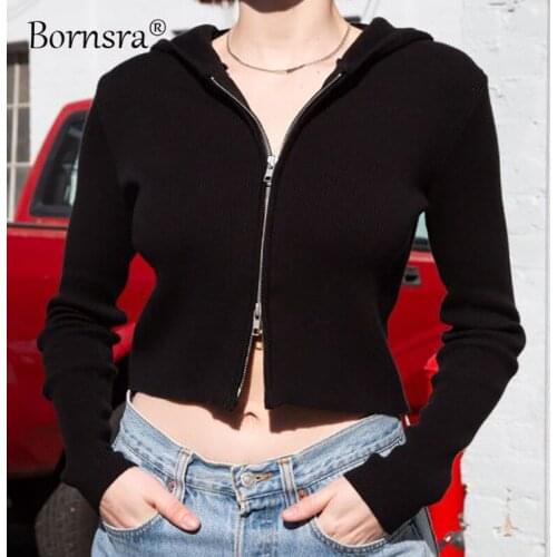 Bornsra 2021 Autumn and Winter New Women Sweater Hoodie Slim Sexy Double Zipper Solid Color Long-sleeved Sweater Pink Cardigan