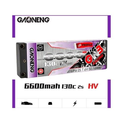 Gaoneng GNB 6600mAh 2S 7.6V HV 130C/260C low profile Hardcase LiHV Battery 5.0mm bullet XT60 Plug for 1:10 1/10 RC Car RC Boat